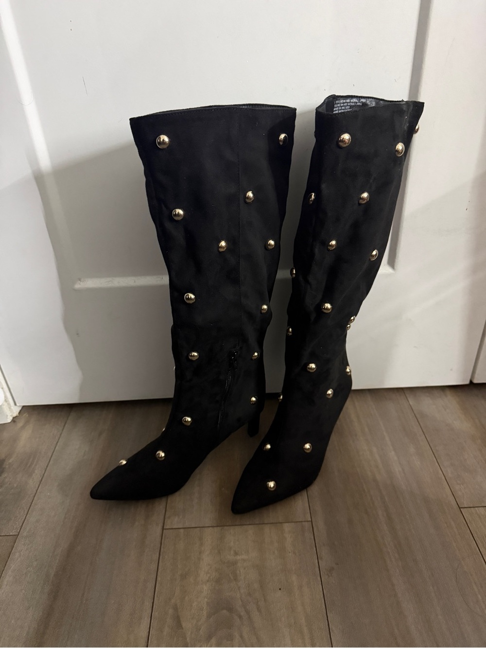 a new day Black Knee-High Pointed Toe Studded Heeled Boots